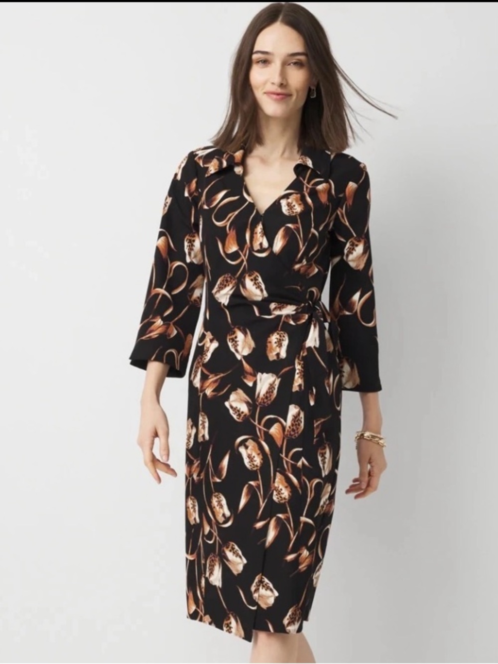 White House Black Market Floral Wrap Dress Black Tan Tulip Print Midi 2 NWT